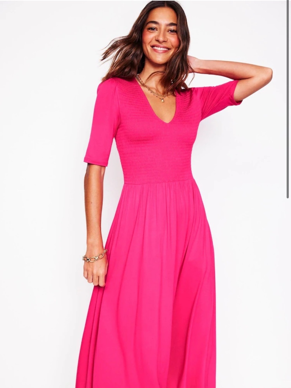 Boden Bethany Smocked Jersey Dress Pink Midi Pockets Career Fit Flare Sz 4
